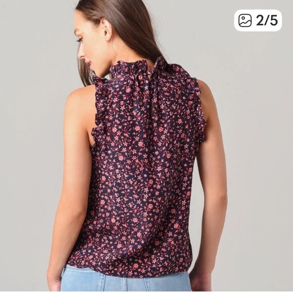 Frame Namu Flounce Sleeveless Top In Navy Floral Size Small - Picture 2 of 7